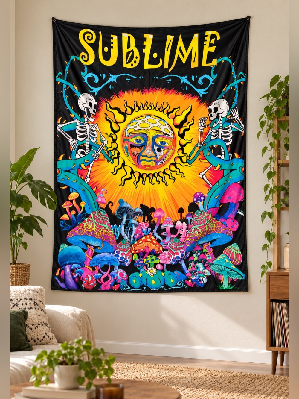 Sublime Sun Skeleton Mushroom Tapestry Wall Hanging 50” x 60”